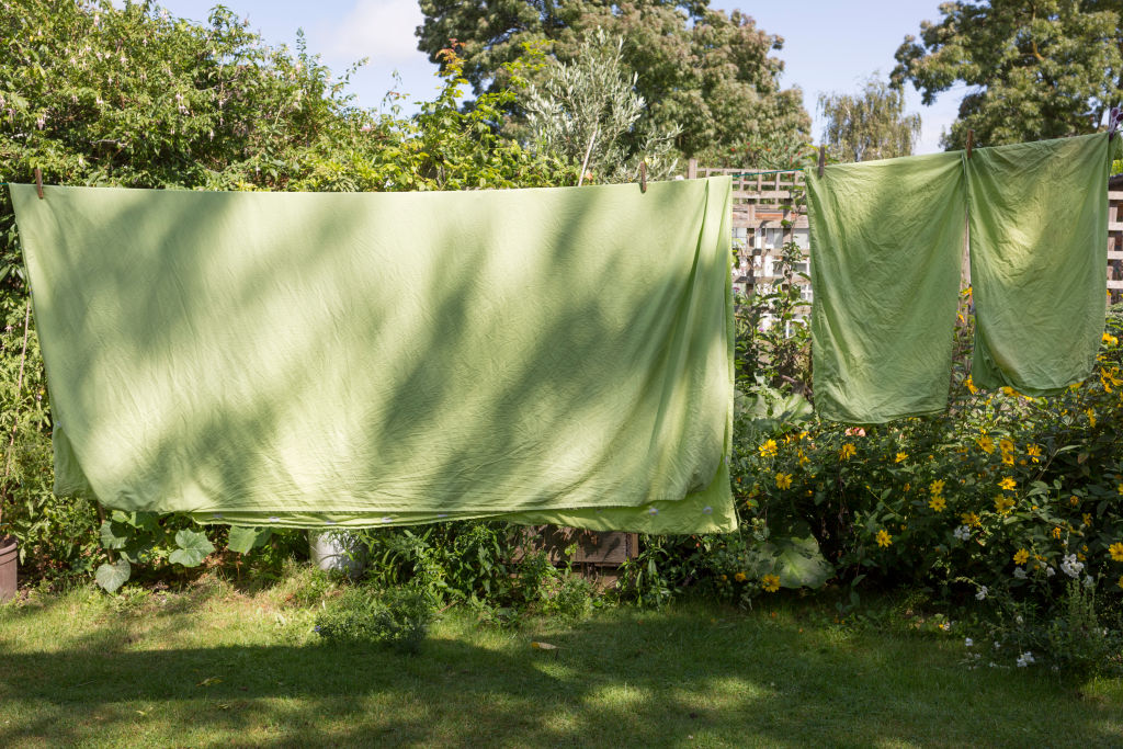 A set of green linen bed sheets drying on the washing line